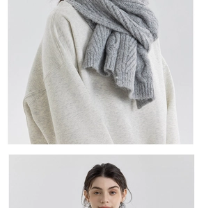 Detailed macro view of the grey chunky cable knit scarf showing soft wool texture