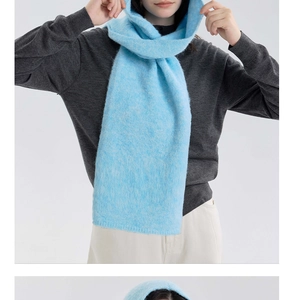 Detail of light blue knitted hooded scarf wrap showing fuzzy mohair texture and warm hood