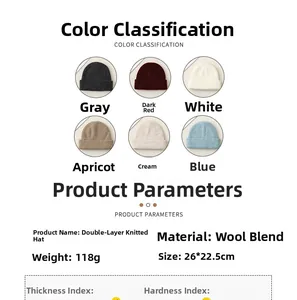 Specifications of double-layer wool blend knit hats with sizes and six color options
