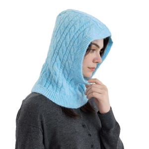 Light blue cable knit wool blend balaclava hat with windproof integrated neck warmer