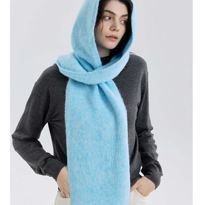 Close-up of light blue hooded knit scarf showing soft texture and thick plush fabric