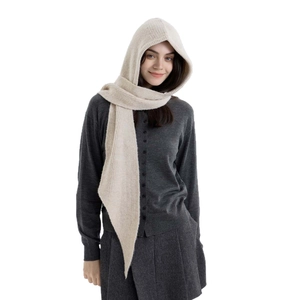 Women's cream white hooded knit scarf shawl made of warm wool blend material
