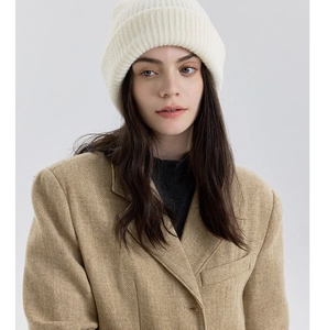 Detail of a beige double-layered wool blend rib-knit beanie showing the warm winter texture