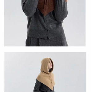 Detail of knitted balaclava hood showing brown and camel textures with drawstring