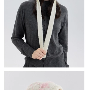 Detail showing high-quality gray knit cardigan texture with 3D floral embroidery patterns
