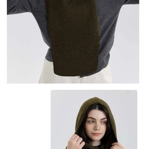 Detail showing plush olive green knitted hooded scarf with thick wool texture and cozy fit