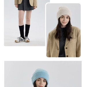 Close-up of thick wool blend beanie showing chunky ribbed knit texture and soft fabric