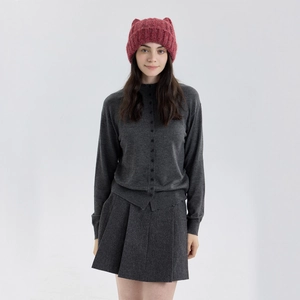Bonnet en tricot rose à oreilles de chat pour femme avec design d'hiver épais et chaud