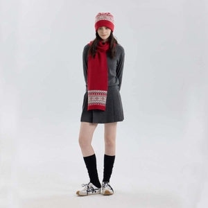 Classic red and white Fair Isle knit scarf and hat set with festive snowflake patterns