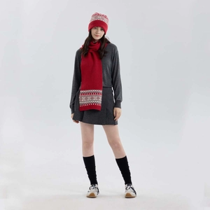 Classic red Fair Isle knit beanie and scarf set with Nordic diamond patterns for winter warmth