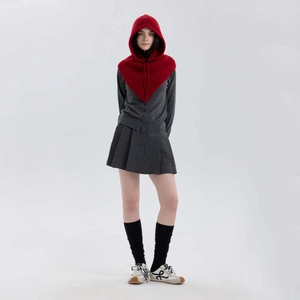 Solid red knitted balaclava with drawstring for women shown in a full studio shot