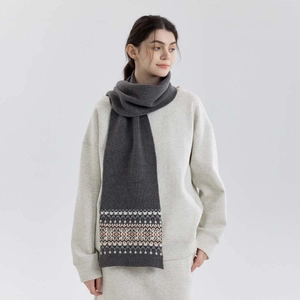 Nordic Fair Isle jacquard knit scarf in dark grey with warm geometric wool patterns