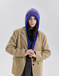 Close-up of blue-purple gradient knit hood with plush lining and long side straps