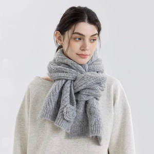 Women Thick Knitted Cable Scarf Winter Warm Wool Blend Solid Color Scarf With Elegant Rose Flower Decoration Accessory