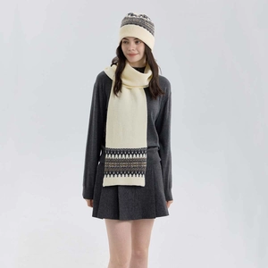 Nordic Fair Isle knitted scarf and hat set with retro ethnic pattern in cream and brown