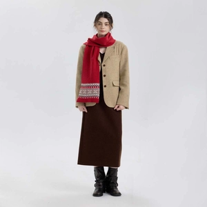 Winter Nordic Fair Isle jacquard knit scarf in red with vintage geometric patterns