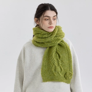 Thick grass green cable knit scarf for women with warm winter texture and soft weave