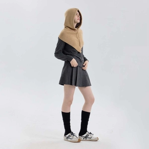 Women's camel knitted balaclava hood with drawstring for windproof winter warmth
