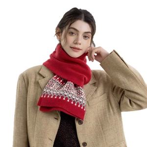 Nordic Fair Isle jacquard knit scarf in red, warm winter shawl for women and men