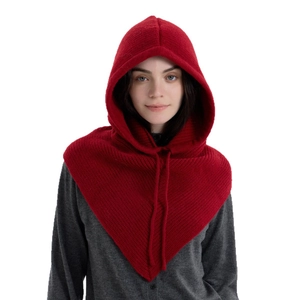 Red knit balaclava hood with adjustable drawstring and windproof neck warmer design