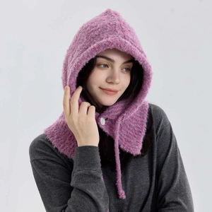 Knitted purple wool blend balaclava hat with textured loop yarn and button closure