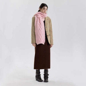 Pink chunky knit scarf with classic cable pattern for women, warm winter neck wrap