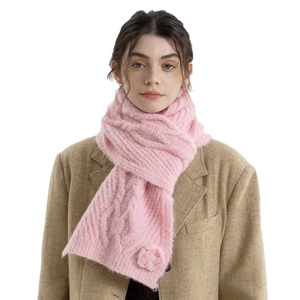 Thick pink cable knit scarf with 3D crochet flower detail for autumn and winter