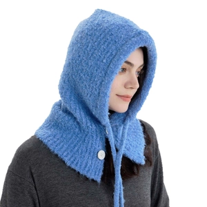 Blue wool blend knit balaclava hat with button closure and long drawstring for winter