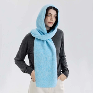 Chic light blue hooded knit scarf wrap with plush texture for women's winter warmth