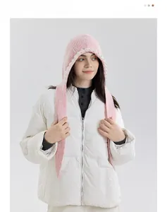 Pink knitted balaclava hood with pearl trim and straps for winter ear protection