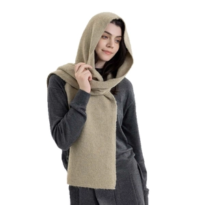 Oatmeal knitted hooded scarf shawl for women providing stylish winter warmth