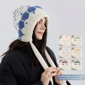 Women Hexagonal Snowflake Knitted Earflap Hat Warm Wool Blend Winter Beanie With Lace Up Straps Windproof Outdoor Fashion Cap