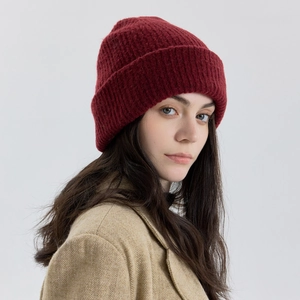 Deep red thick wool knit beanie hat with double layer and wide cuff for winter warmth