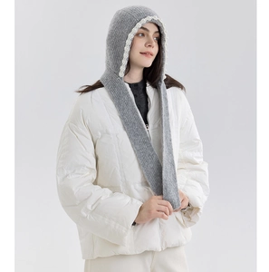 Detail of grey ribbed knit hood with white pearl trim and cozy winter neck warmer