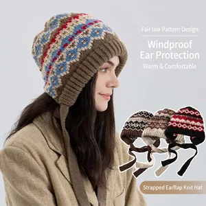 Bonnet Vintage Fair Isle Tricoté Avec Cache-oreilles Pour Hommes Femmes Motif Géométrique Chaud Coupe-vent Bonnet D'hiver