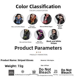 Detailed size and material guide for striped knitted fingerless gloves with multi-color options