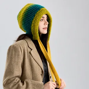 Women Gradient Knitted Beanie Hat With Ear Protection Straps Fleece Lined Warm Winter Hood Hat Windproof Outdoor Accessories