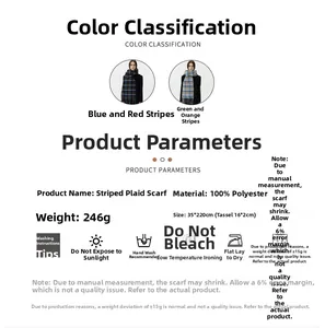 Technical details and washing guide for the 100% polyester fringed plaid scarf