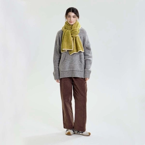 Green knitted scarf with cream border, warm winter shawl for men and women