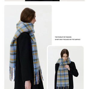 Detailed view of colorful brushed plaid scarf with long tassels and soft mohair texture