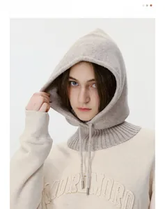 Close-up of knit balaclava hood featuring ribbed neck detail and adjustable drawstrings