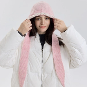 Pink knitted balaclava with pearl trim decoration for winter warmth and sweet style