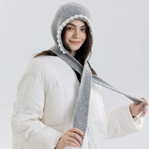 Grey knitted hood scarf with pearl trim and tie-up design for women winter warmth