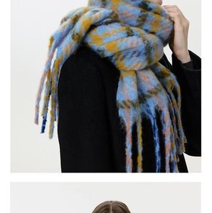 Close-up of blue and yellow plaid scarf texture with long fringe and fuzzy mohair fabric