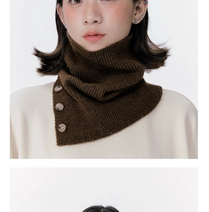 Detail view of brown ribbed knit neck warmer with decorative three-button closure design
