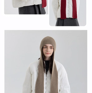 Detail of soft ribbed knit hooded scarf and long red muffler for winter protection