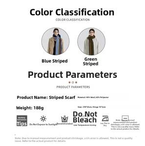 Detail specifications of wool blend striped scarf showing size, material and care icons
