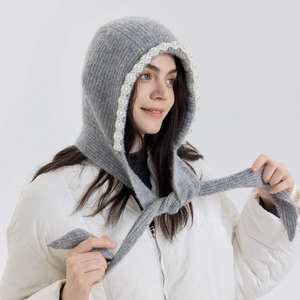 Gray knitted balaclava with pearl trim and long ties for women in winter fashion