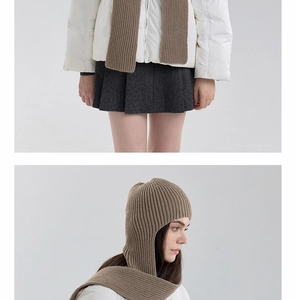 Close-up detail of brown ribbed knit balaclava hood showing textured stitching and fit