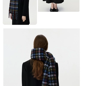 Detail of a thick tartan scarf with long tassels showing side and back styling on a model
